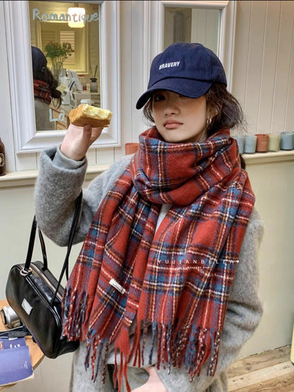 Red Knitted Scarf With Elk Print And Snowflake Pattern Designed For Warmth