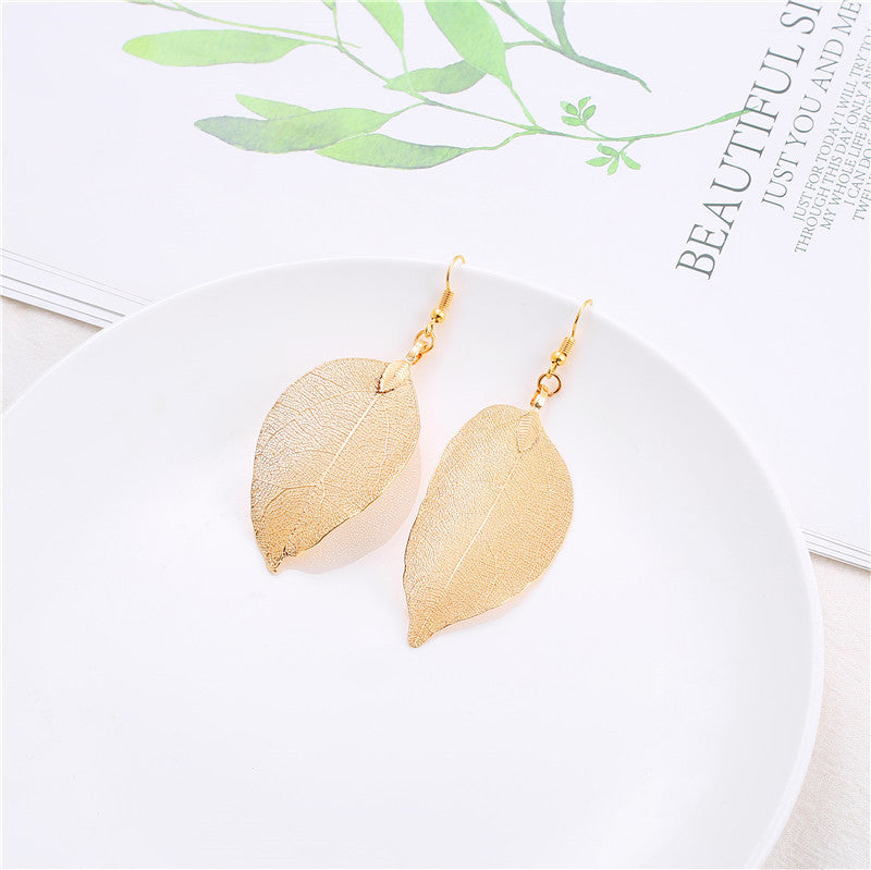 Natural Real Leaf Long Necklace And Earrings Set - European Style Botanical Jewellery