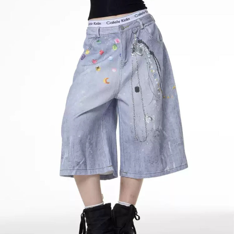 Retro Color Chain Printed Denim Shorts For Women