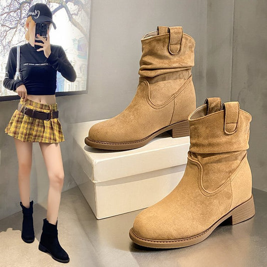 Women’s Suede Slimming Chunky-Heel Ankle Boots – Side Zip Winter Fashion Boots