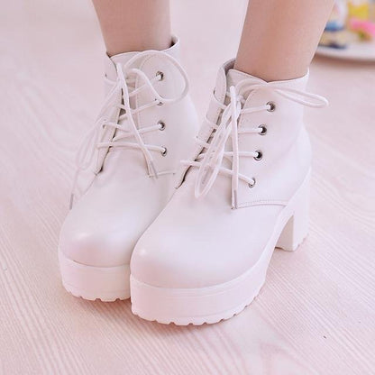 Women’s Chunky-Heel Lace-Up Ankle Boots – Round-Toe Casual High-Heel Boots