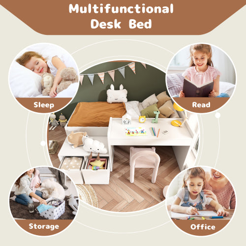 Kids Single Bed with Desk and Drawers 90x190cm | White Wooden Bed UK