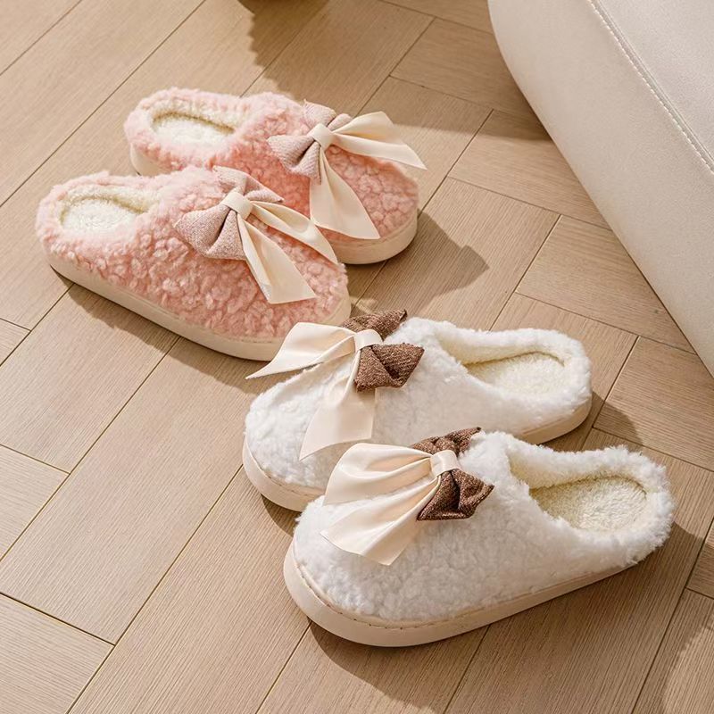 Bow Plush Indoor Slippers for Couples – Non-Slip Winter Warm Home Shoes