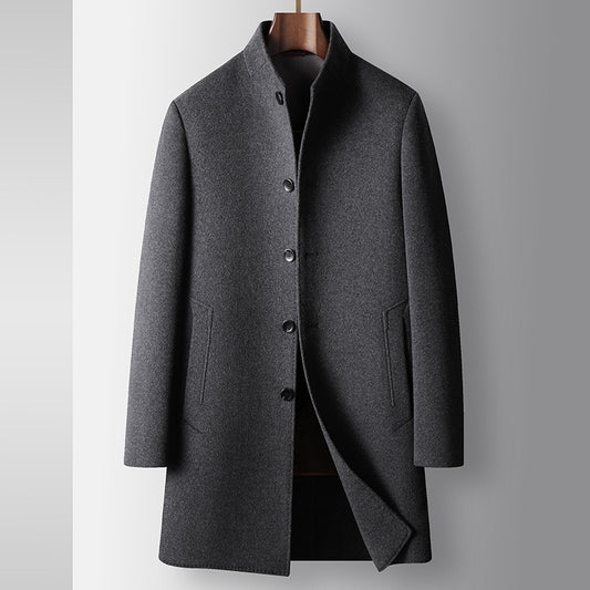 Men's Mid-Length Handmade Wool Coat With Stand Collar
