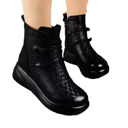 Women’s Soft Leather Fleece-Lined Boots – Round-Toe Warm Casual Boots