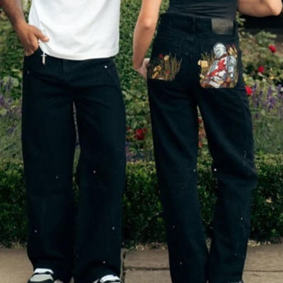 Black Jeans With Embroidered Silver Knight Armor