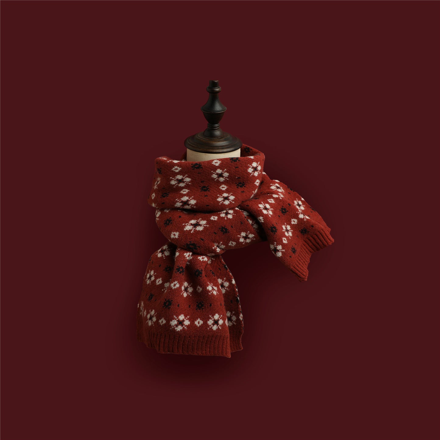 Red Knitted Scarf With Elk Print And Snowflake Pattern Designed For Warmth