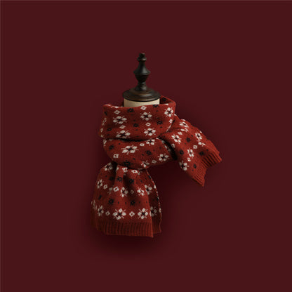 Red Knitted Scarf With Elk Print And Snowflake Pattern Designed For Warmth