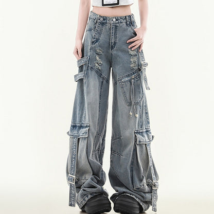 Women's Straight Loose Multi-pocket Cargo Jeans