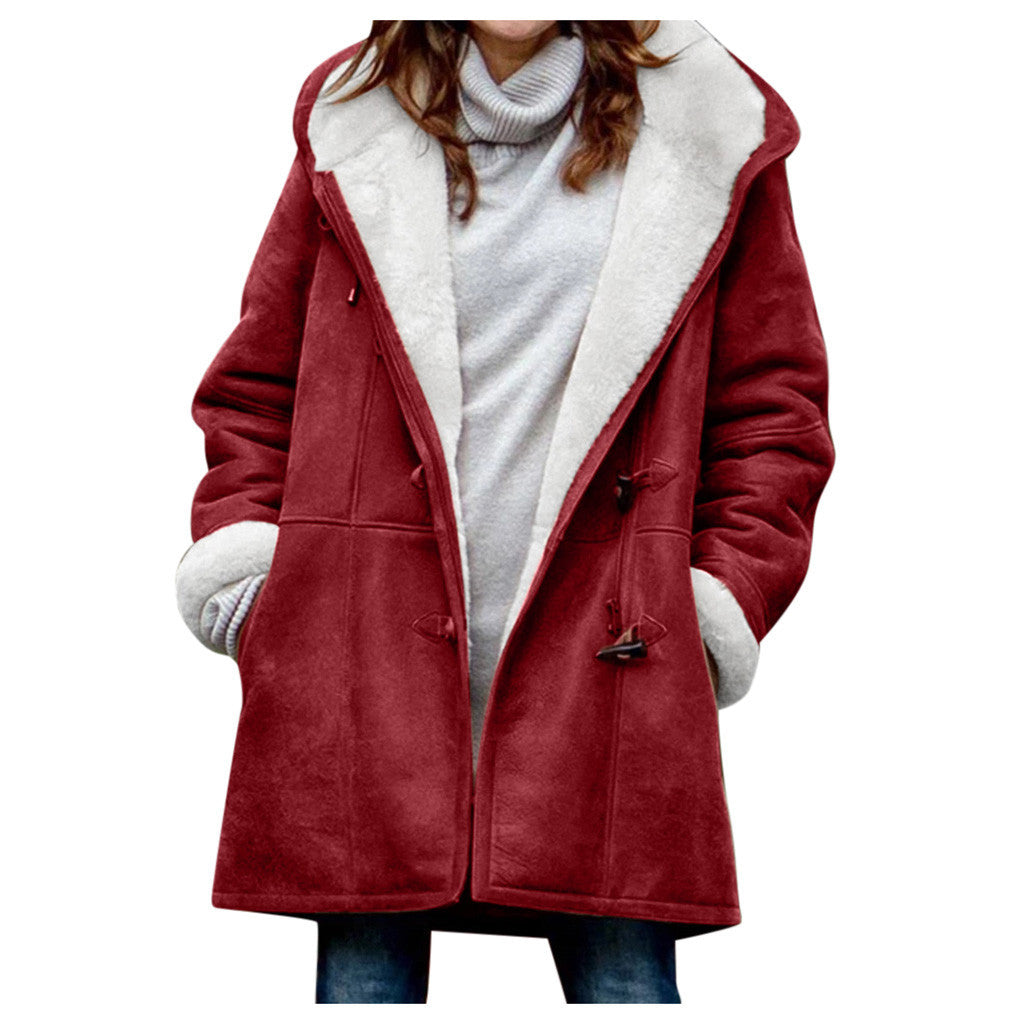 Women's Winter Button Coat - Warm Hooded Jacket with Pockets UK