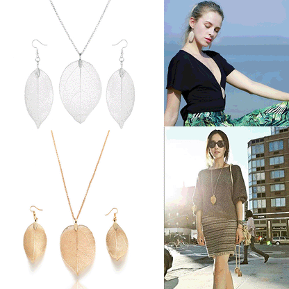 Natural Real Leaf Long Necklace And Earrings Set - European Style Botanical Jewellery