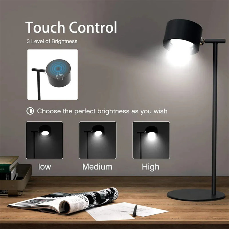 Magnetic Touch LED Table Lamp – USB Rechargeable 360° Rotating Cordless Desk & Wall Night Light with Remote