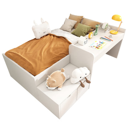 Kids Single Bed with Desk and Drawers 90x190cm | White Wooden Bed UK