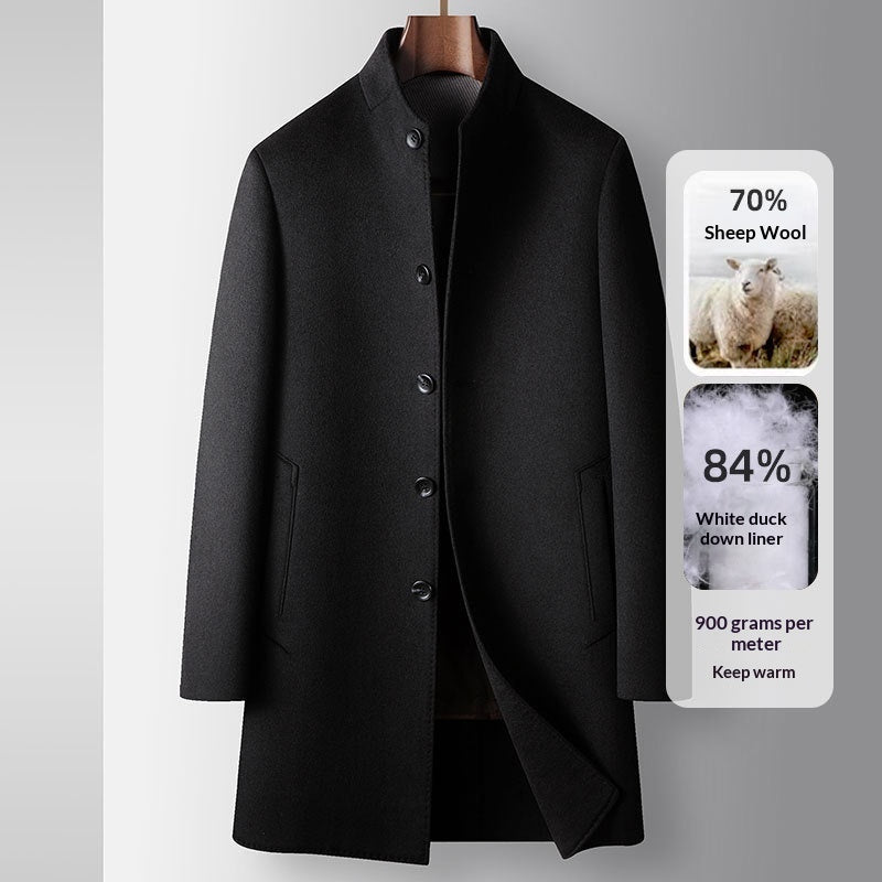 Men's Mid-Length Handmade Wool Coat With Stand Collar