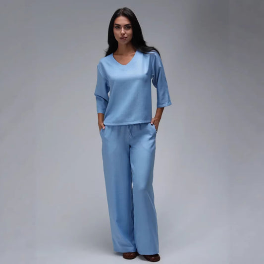 Women's Casual Two-Piece Set Fashionable Solid-Color Loose Cropped-Sleeve Wide-Leg Pants Suit