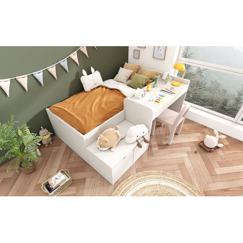 Kids Single Bed with Desk and Drawers 90x190cm | White Wooden Bed UK
