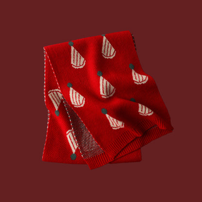 Red Knitted Scarf With Elk Print And Snowflake Pattern Designed For Warmth