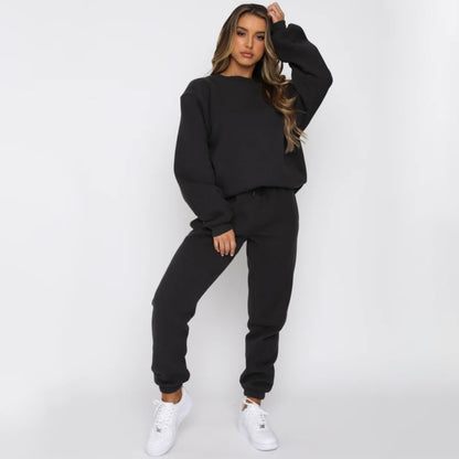 Solid Color Round Neck Pullover, Long Pants And Long Sleeve Hoodie Set