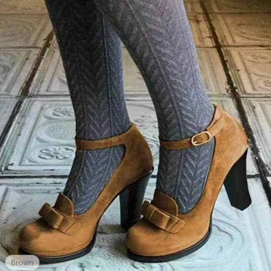 Women’s Suede Peep-Toe Stiletto Pumps with Bow & Buckle – Elegant High Heels