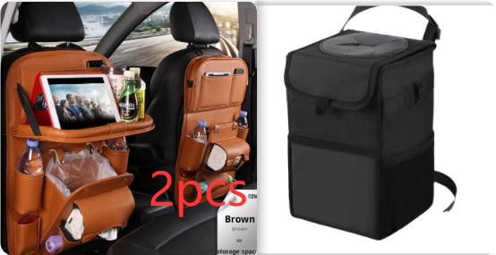 PU Leather Car Storage Bag - Seat Back Organizer with Trash Can
