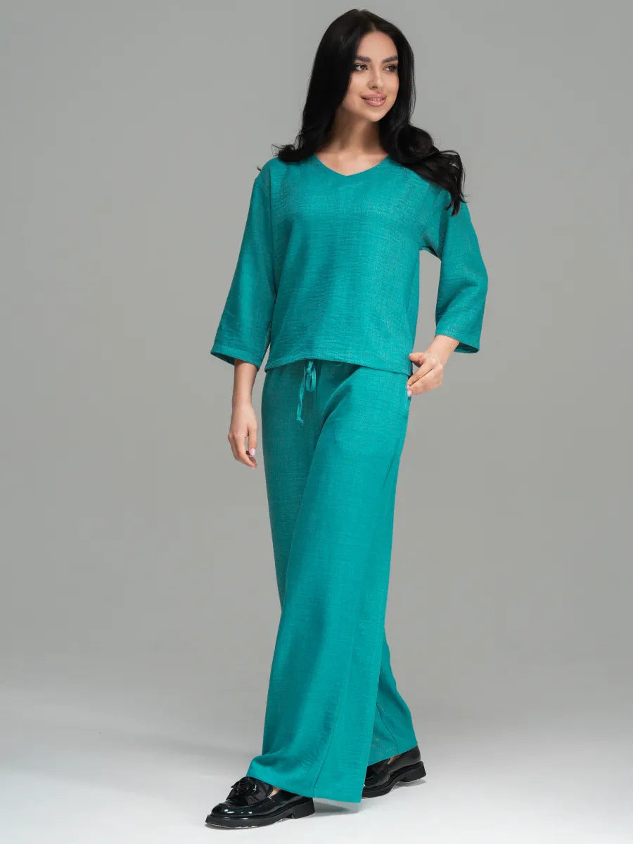 Women's Casual Two-Piece Set Fashionable Solid-Color Loose Cropped-Sleeve Wide-Leg Pants Suit