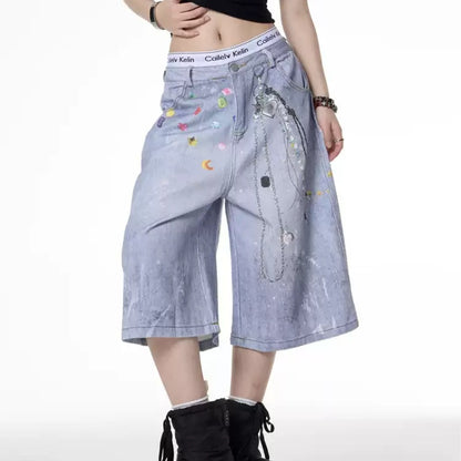 Retro Color Chain Printed Denim Shorts For Women