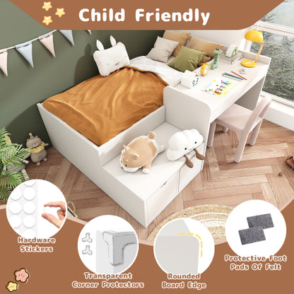 Kids Single Bed with Desk and Drawers 90x190cm | White Wooden Bed UK