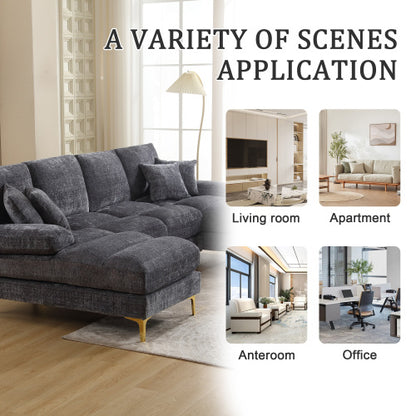 GOMYWAY U-Shaped Sectional Sofa with Double Chaise - 4 Seater Modular Chenille Fabric Couch 272cm for Living Room with Cushions (Black/Grey/Beige)