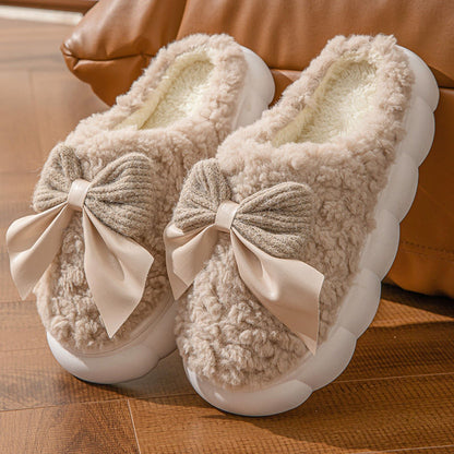 Bow Plush Indoor Slippers for Couples – Non-Slip Winter Warm Home Shoes