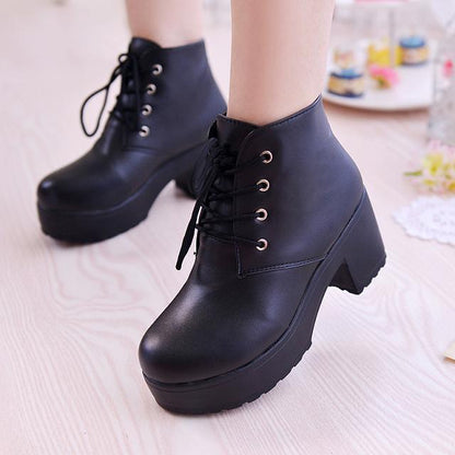 Women’s Chunky-Heel Lace-Up Ankle Boots – Round-Toe Casual High-Heel Boots