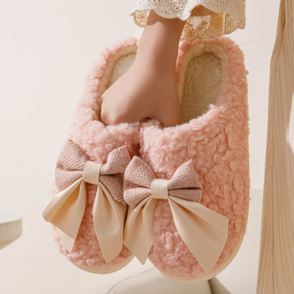 Bow Plush Indoor Slippers for Couples – Non-Slip Winter Warm Home Shoes