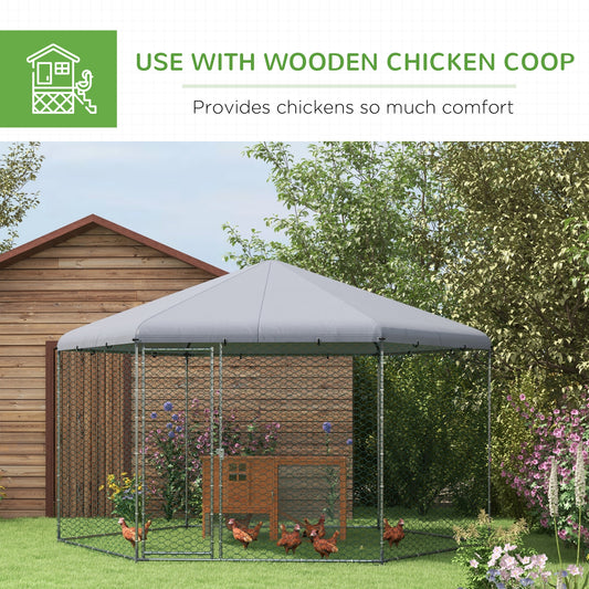 PawHut Large Walk-In Chicken Coop 10m² - Outdoor Hen House Run for 10-15 Chickens, Ducks & Rabbits with Hexagonal Roof & Lockable Door (Silver)