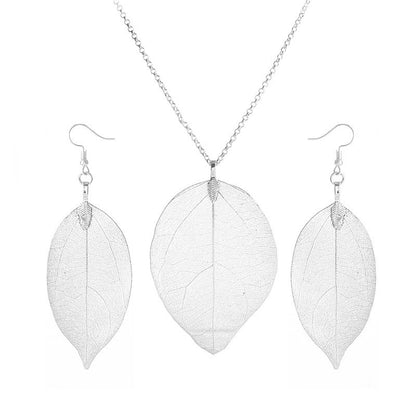 Natural Real Leaf Long Necklace And Earrings Set - European Style Botanical Jewellery