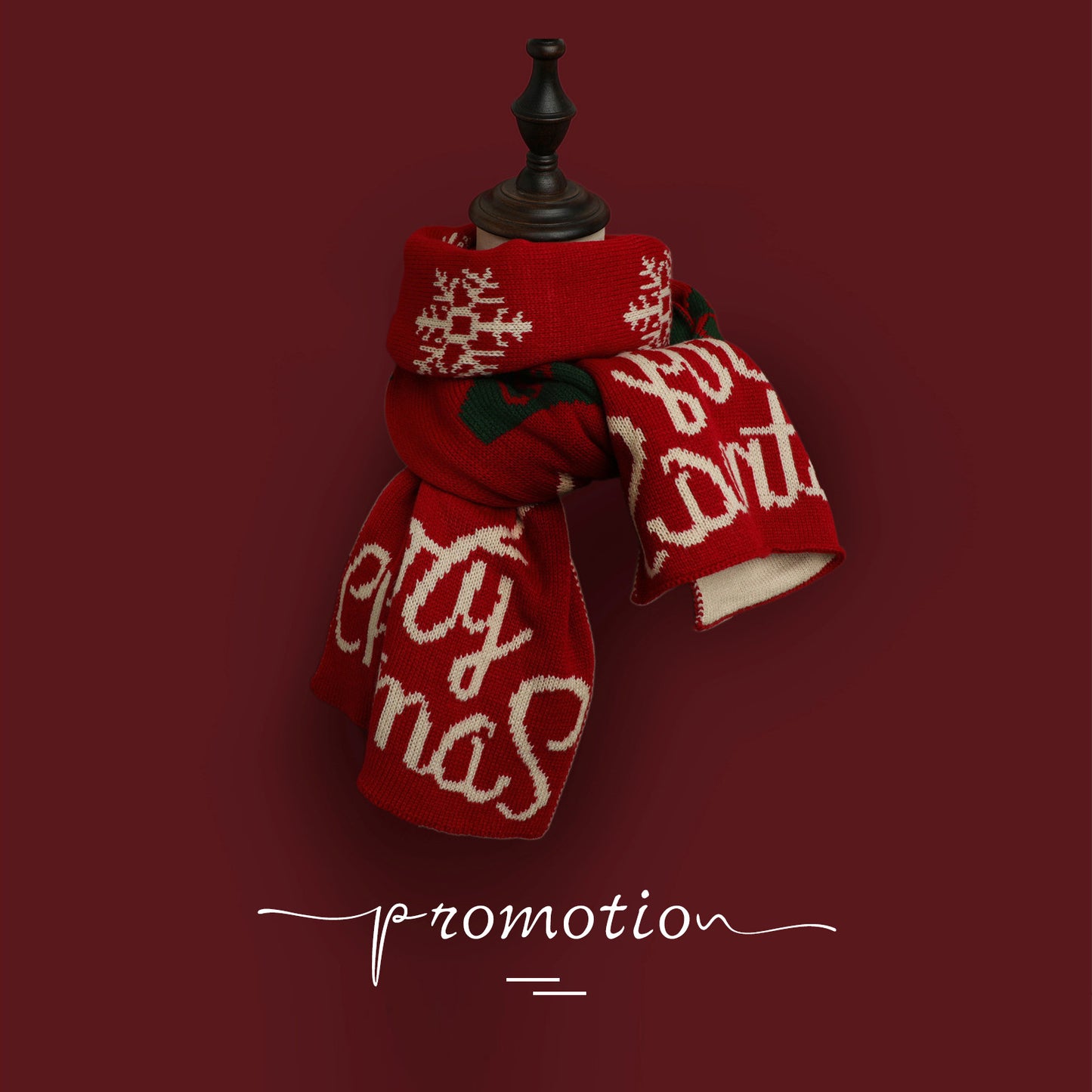 Red Knitted Scarf With Elk Print And Snowflake Pattern Designed For Warmth