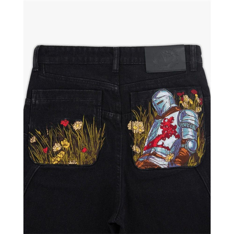 Black Jeans With Embroidered Silver Knight Armor