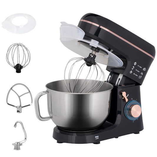 1400W Stand Mixer with 5L Stainless Steel Bowl - 6 Speed Kitchen Food Mixer with Dough Hook, Whisk & Beater, Splash Guard (Black)