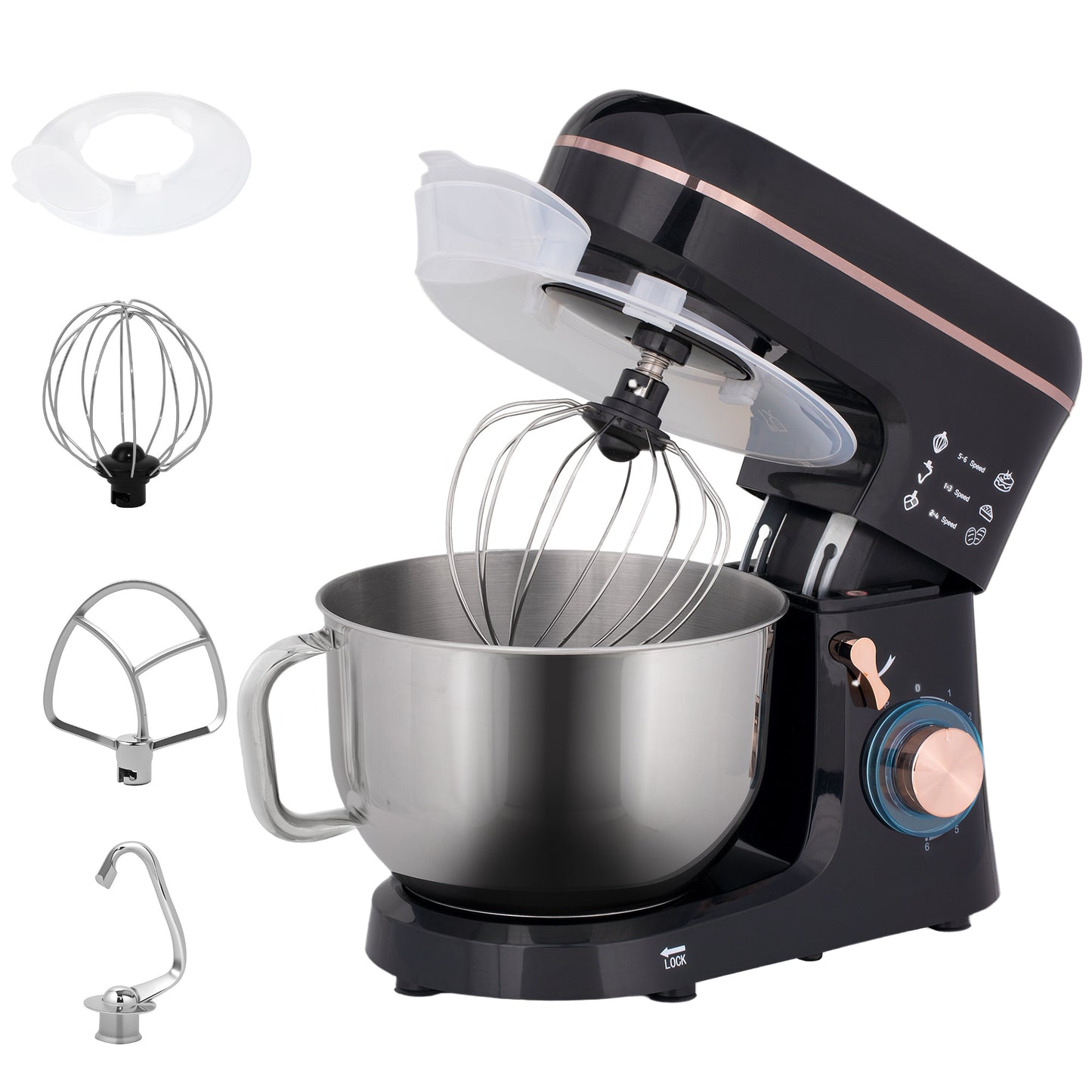1400W Stand Mixer with 5L Stainless Steel Bowl - 6 Speed Kitchen Food Mixer with Dough Hook, Whisk & Beater, Splash Guard (Black)