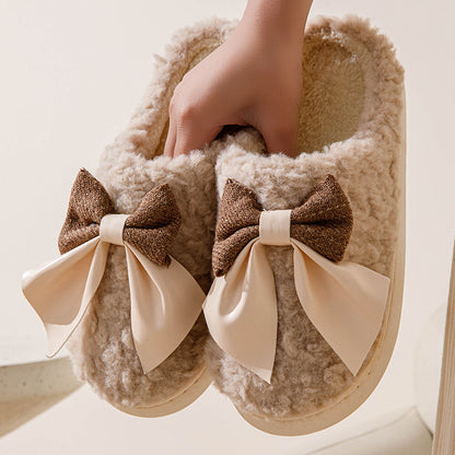 Bow Plush Indoor Slippers for Couples – Non-Slip Winter Warm Home Shoes