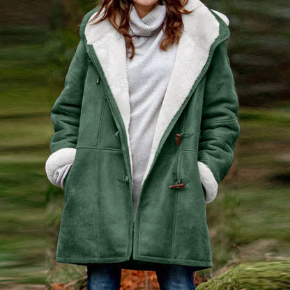 Women's Winter Button Coat - Warm Hooded Jacket with Pockets UK