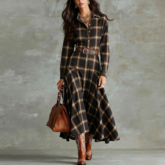 Title: New Retro Chic Long-Sleeve Plaid Shirt Dress For Women