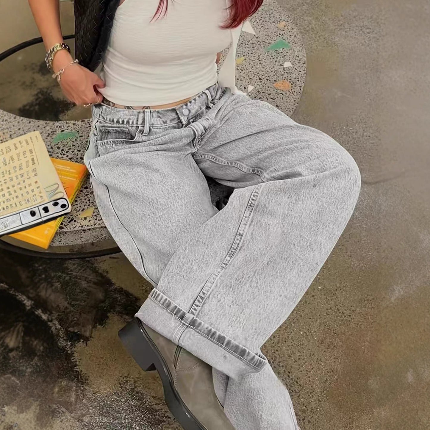 Loose Casual Straight-leg Jeans With Side Pockets For Women