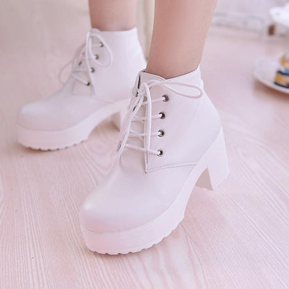 Women’s Chunky-Heel Lace-Up Ankle Boots – Round-Toe Casual High-Heel Boots