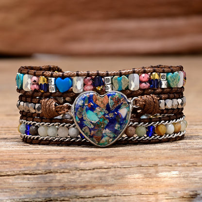 Silver-Trimmed Blue Ombre Heart Stone Bead Bracelet - Unisex Gemstone Jewellery