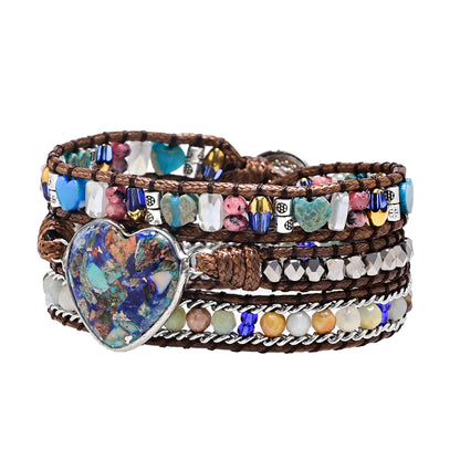 Silver-Trimmed Blue Ombre Heart Stone Bead Bracelet - Unisex Gemstone Jewellery