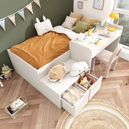 Kids Single Bed with Desk and Drawers 90x190cm | White Wooden Bed UK