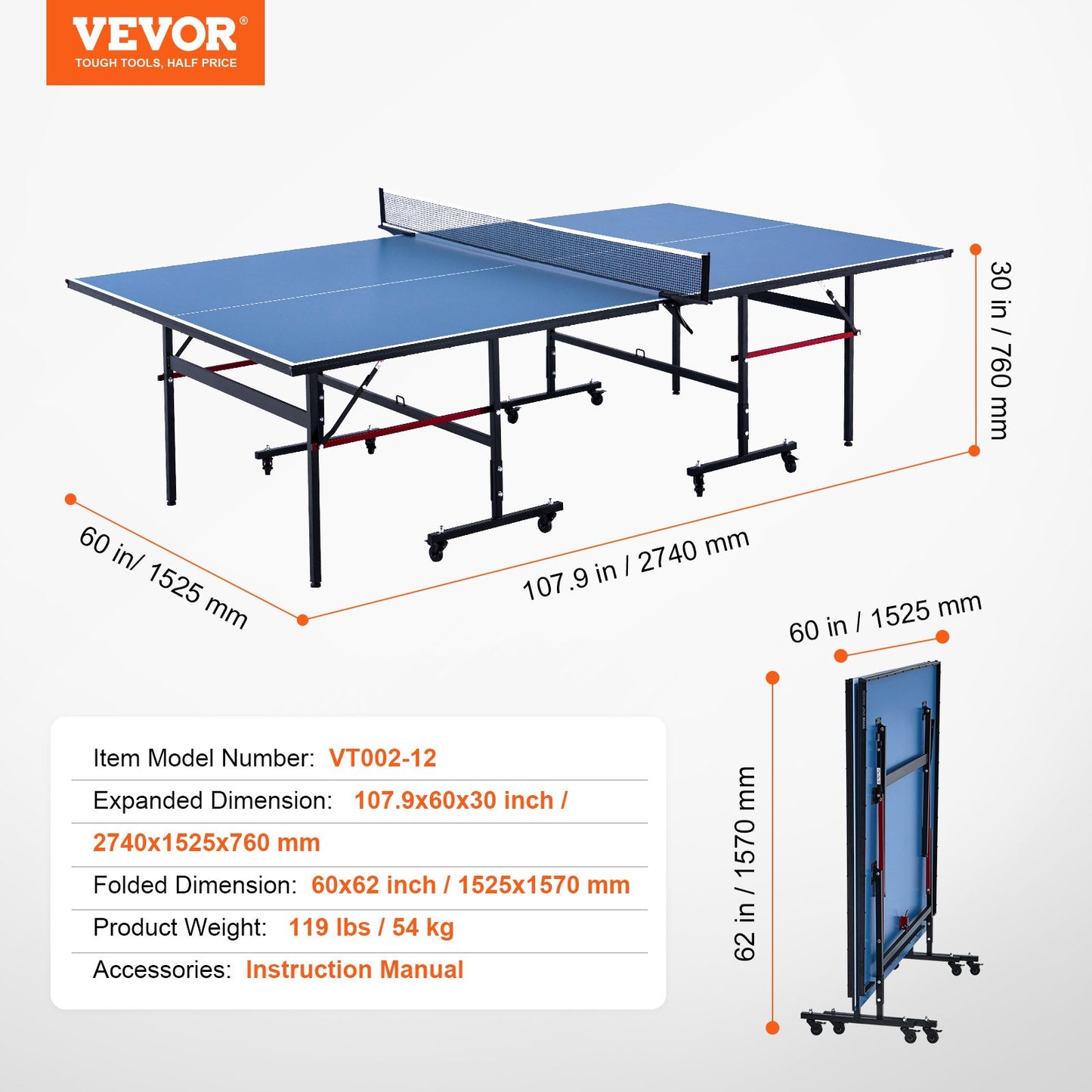 Ping Pong Table, Professional Table Tennis Game, Indoor MDF Portable Table Tennis Table, Foldable Ping Pong Table With Quick Clamp Net And Lockable Wheels, 10 Minute Easy Assembly, 12mm Tabletops