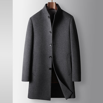 Men's Mid-Length Handmade Wool Coat With Stand Collar