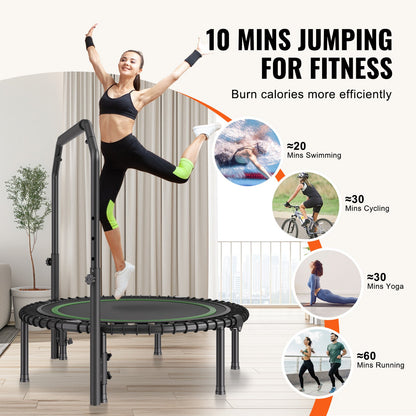 Foldable Mini Trampoline  40 Inch Fitness Rebounder  Max Load 330lbs Exercise Trampoline, Stable & Quiet Trampoline With 4 Level Height Adjustable Foam Handle, For Adults Indoor-Garden Workout