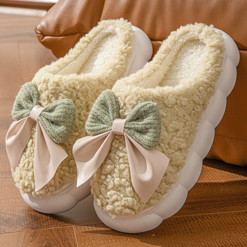 Bow Plush Indoor Slippers for Couples – Non-Slip Winter Warm Home Shoes