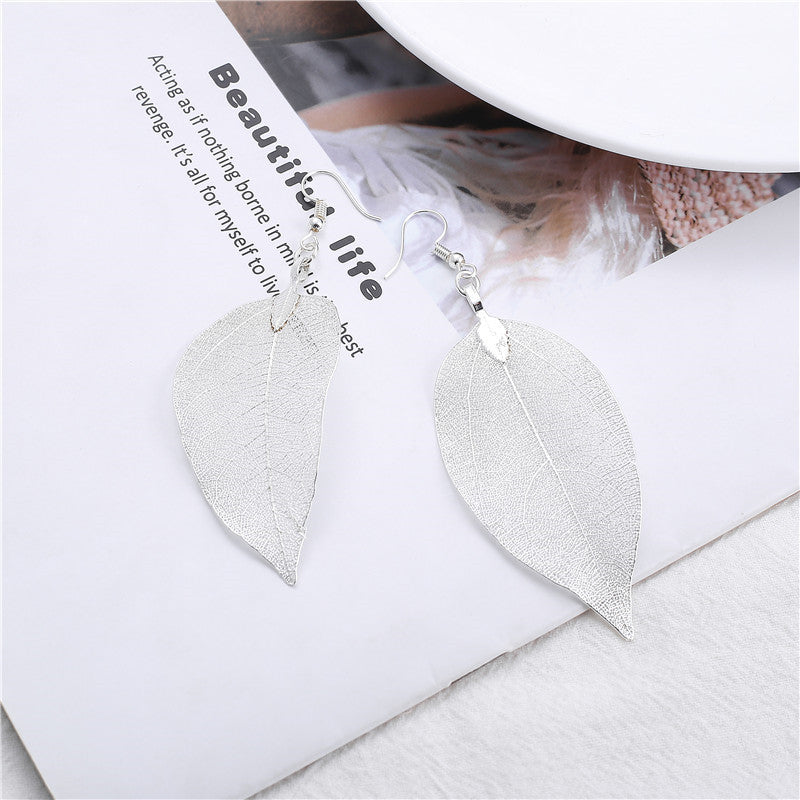 Natural Real Leaf Long Necklace And Earrings Set - European Style Botanical Jewellery